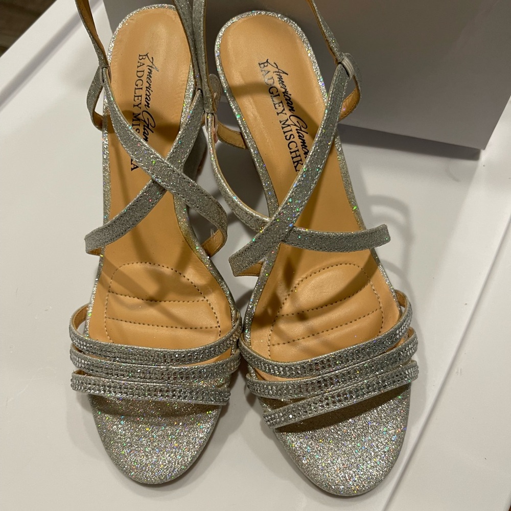 Badgley Mischka Silver Glitter Rhinestone Strappy Heels